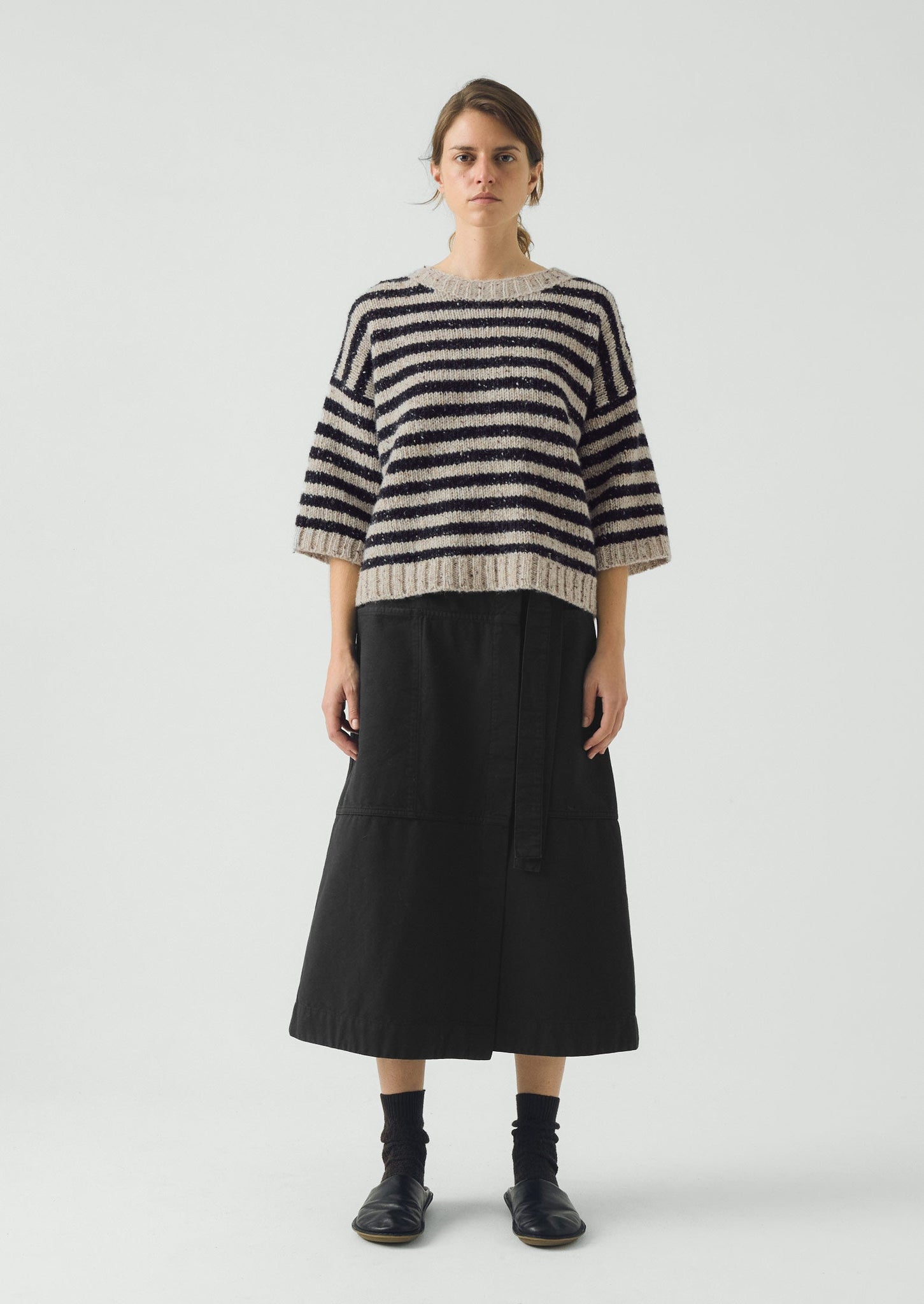 Stripe Donegal Short Sleeve Sweater | Soft Black/Oatmeal