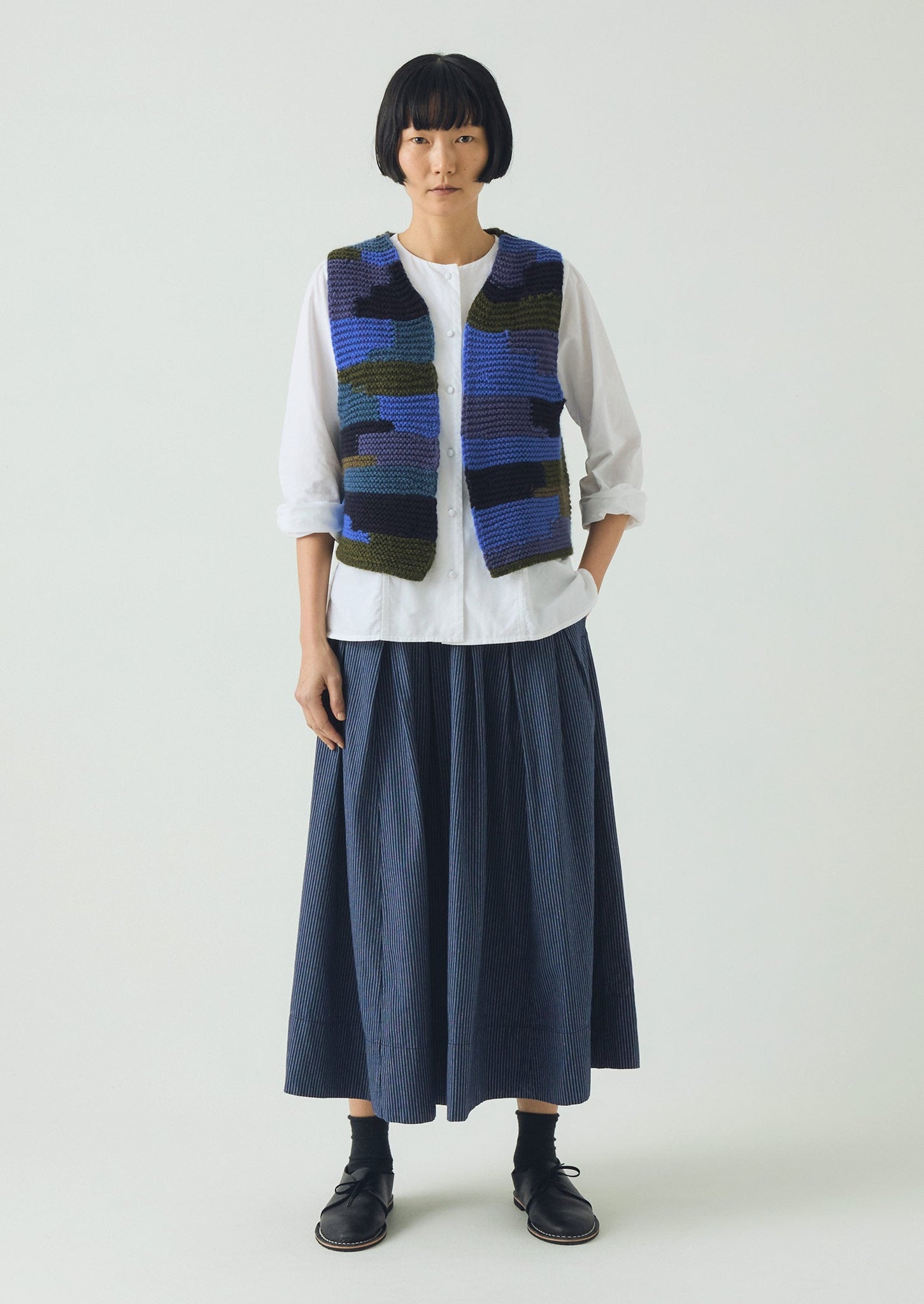 Patchwork Knitted Wool Gilet | Blue Multi
