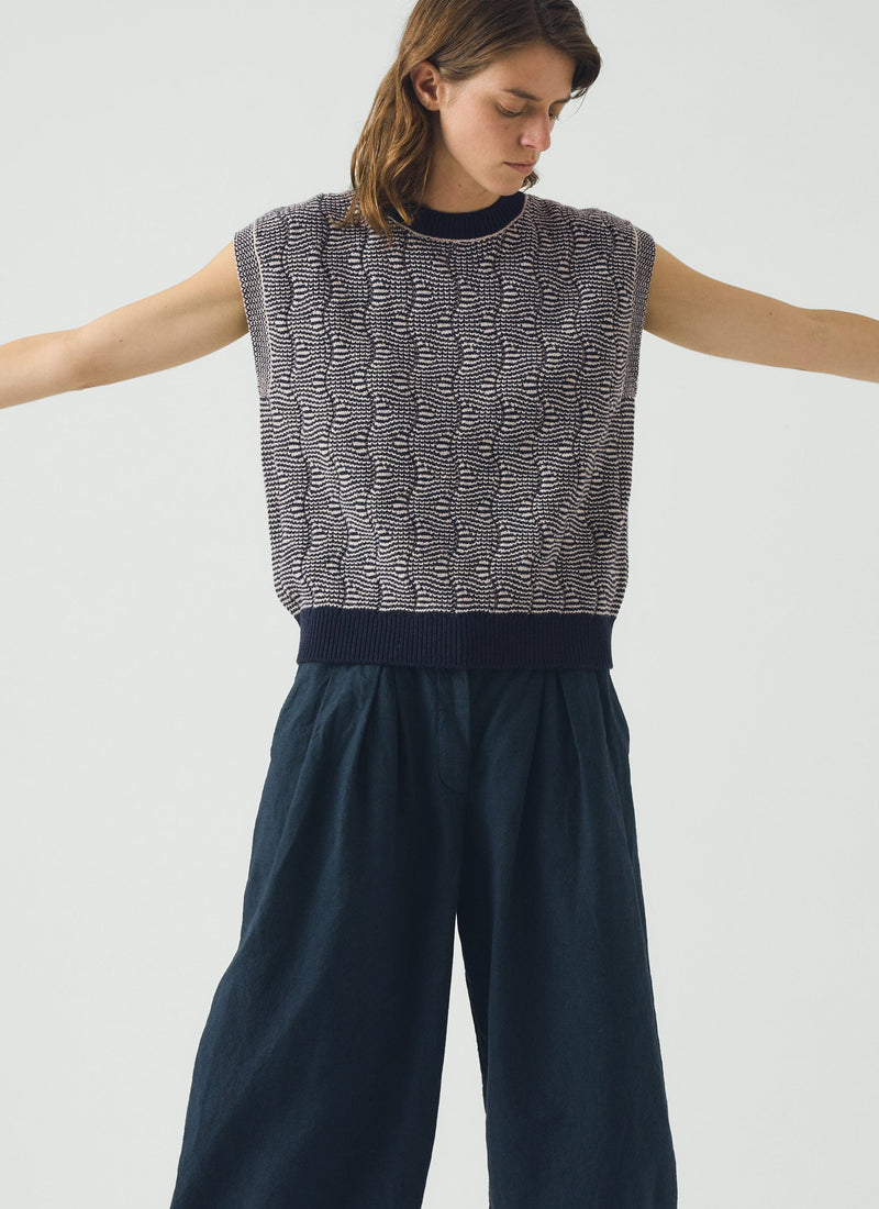 Wavy Stripe Knitted Wool Cotton Top | Navy/Parchment