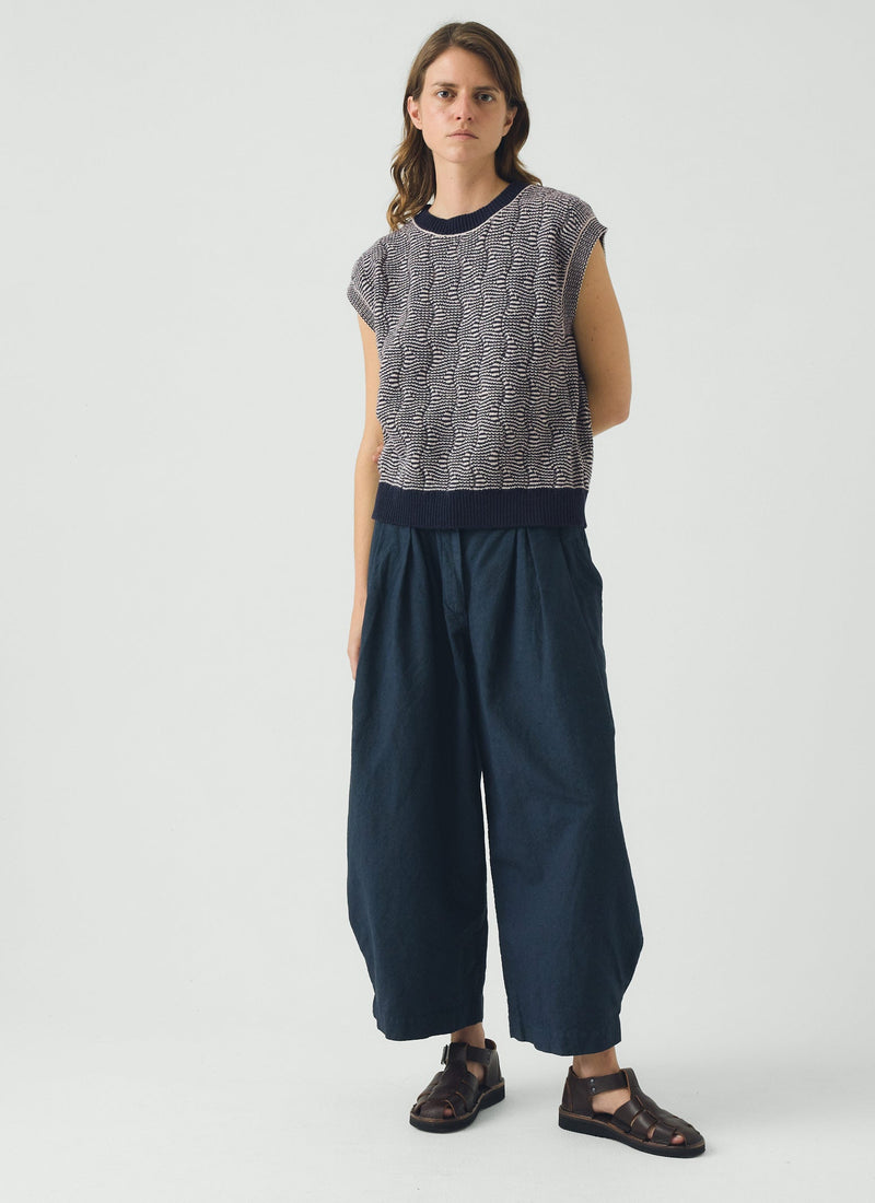 Wavy Stripe Knitted Wool Cotton Top | Navy/Parchment