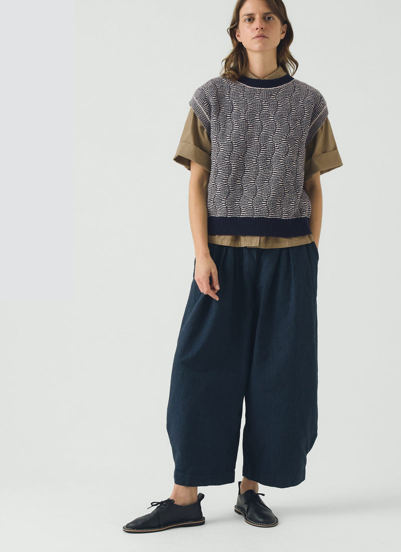 Wavy Stripe Knitted Wool Cotton Top | Navy/Parchment