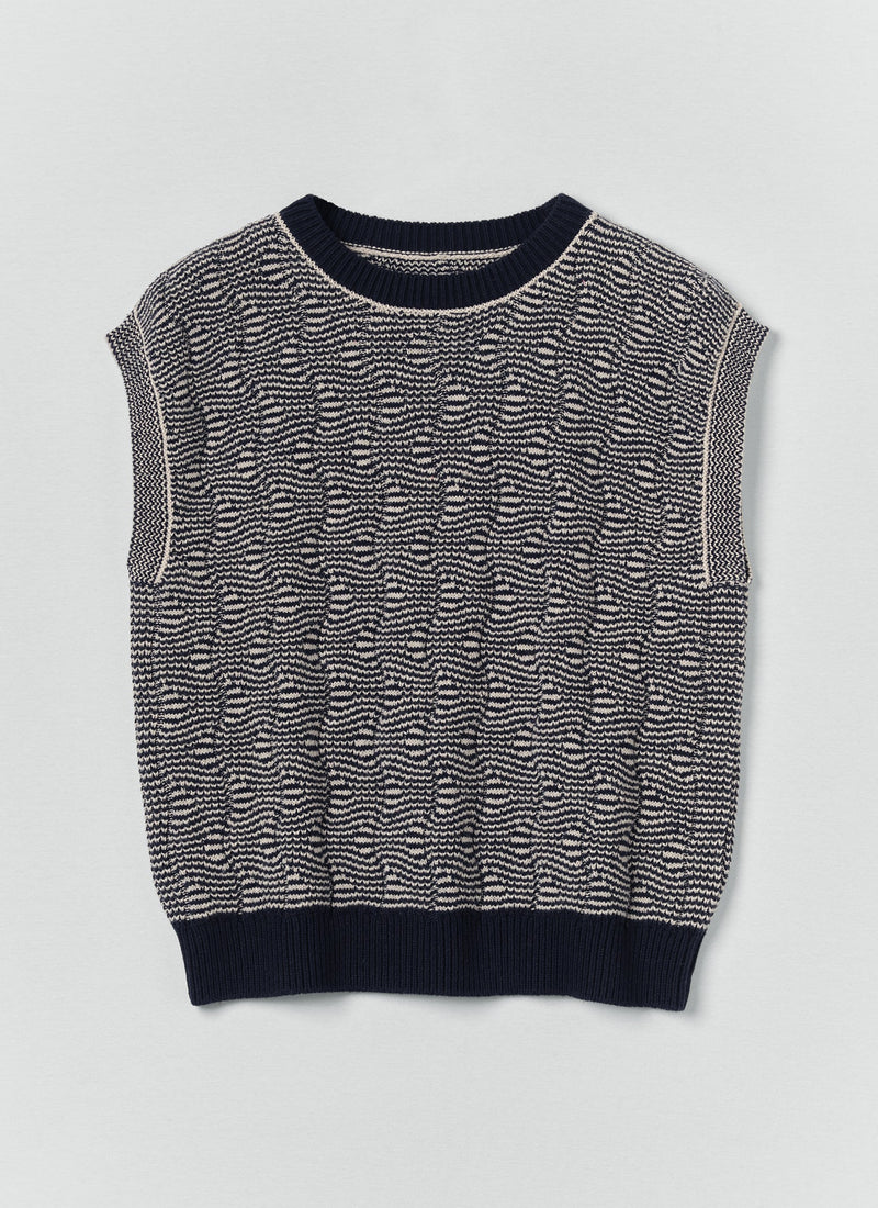Wavy Stripe Knitted Wool Cotton Top | Navy/Parchment