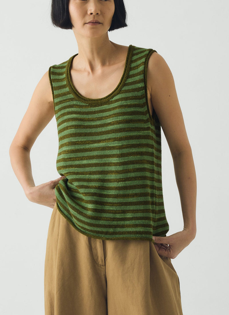 Stripe Linen Cotton Knitted Vest | Green Olive/Verde