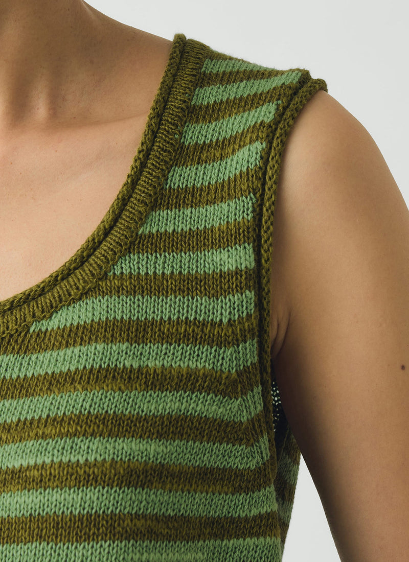 Stripe Linen Cotton Knitted Vest | Green Olive/Verde