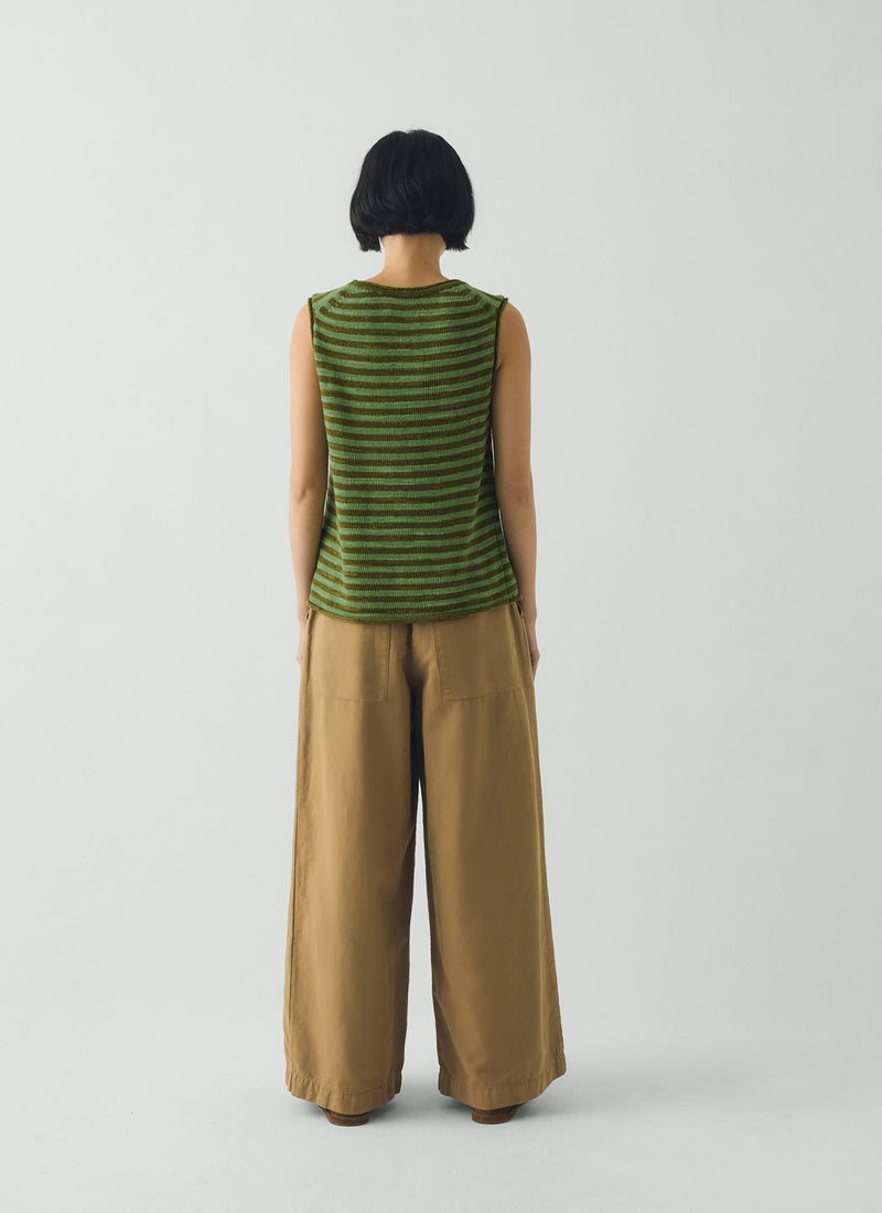 Stripe Linen Cotton Knitted Vest | Green Olive/Verde