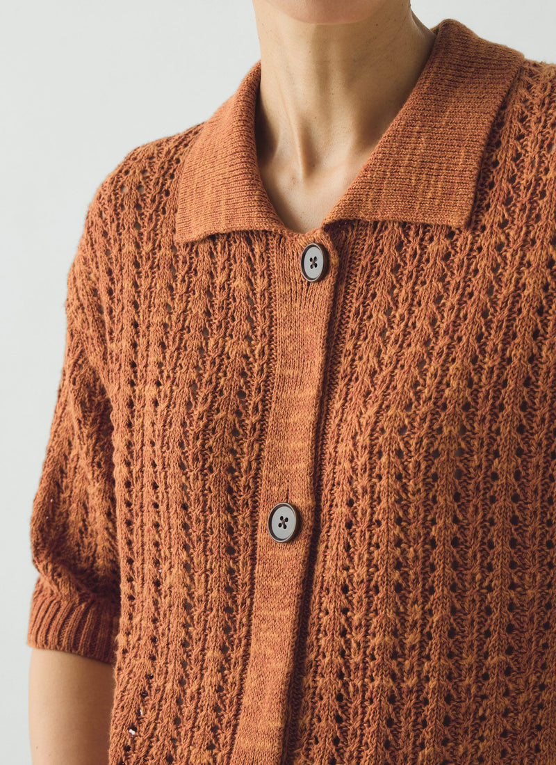 Open Stitch Knitted Linen Cotton Polo | Amber