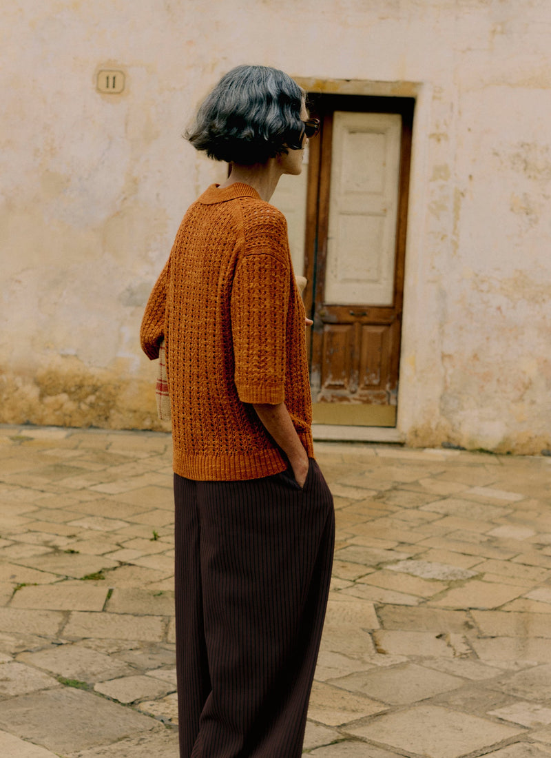 Open Stitch Knitted Linen Cotton Polo | Amber