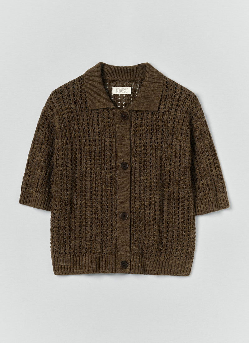 Open Stitch Knitted Linen Cotton Polo | Bronze Green