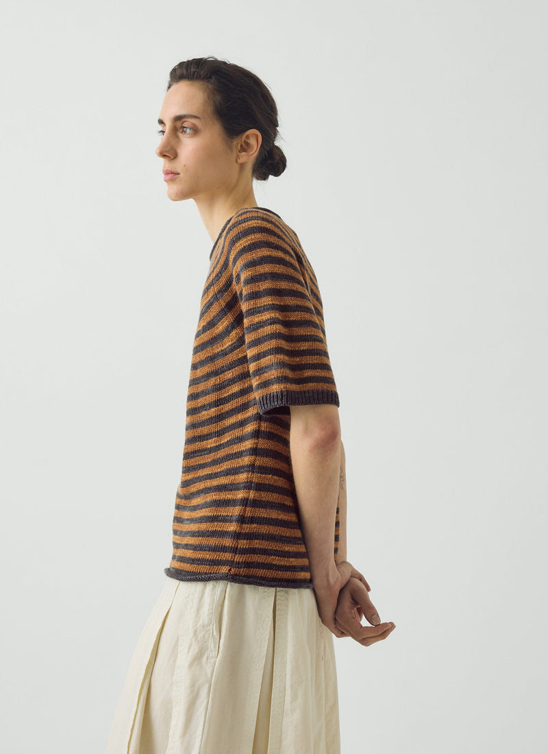 Stripe Linen Cotton Knitted Tee | Graphite Blue/Copper