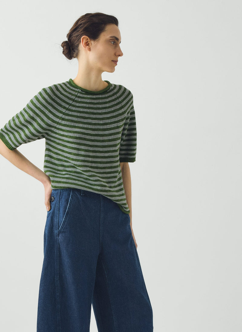 Stripe Linen Cotton Knitted Tee | Croft Green/Egg Shell