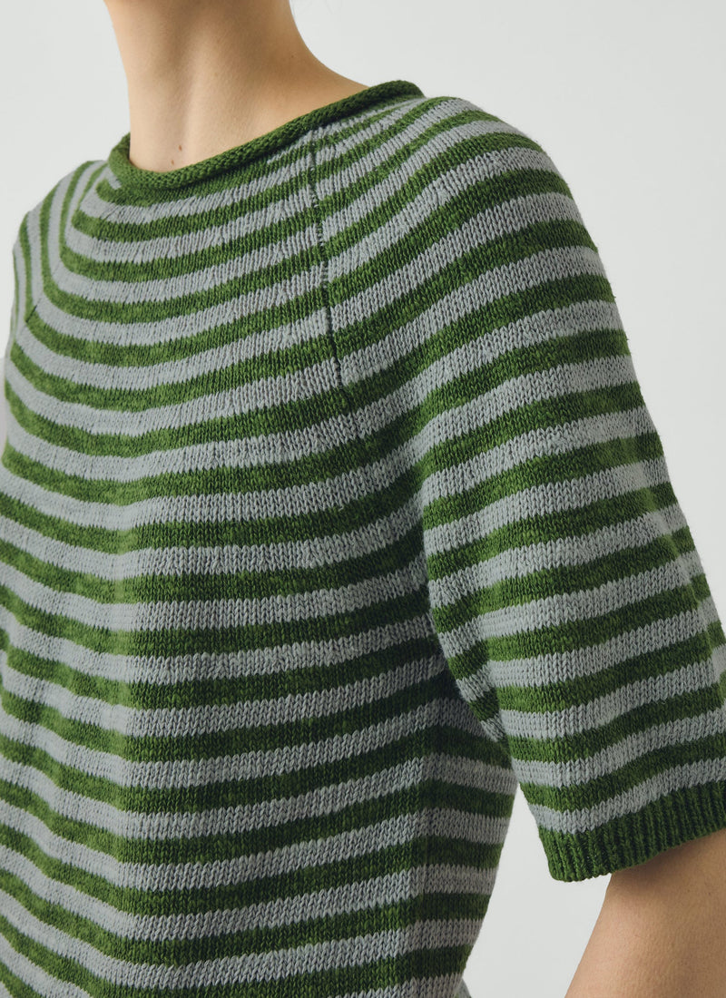 Stripe Linen Cotton Knitted Tee | Croft Green/Egg Shell