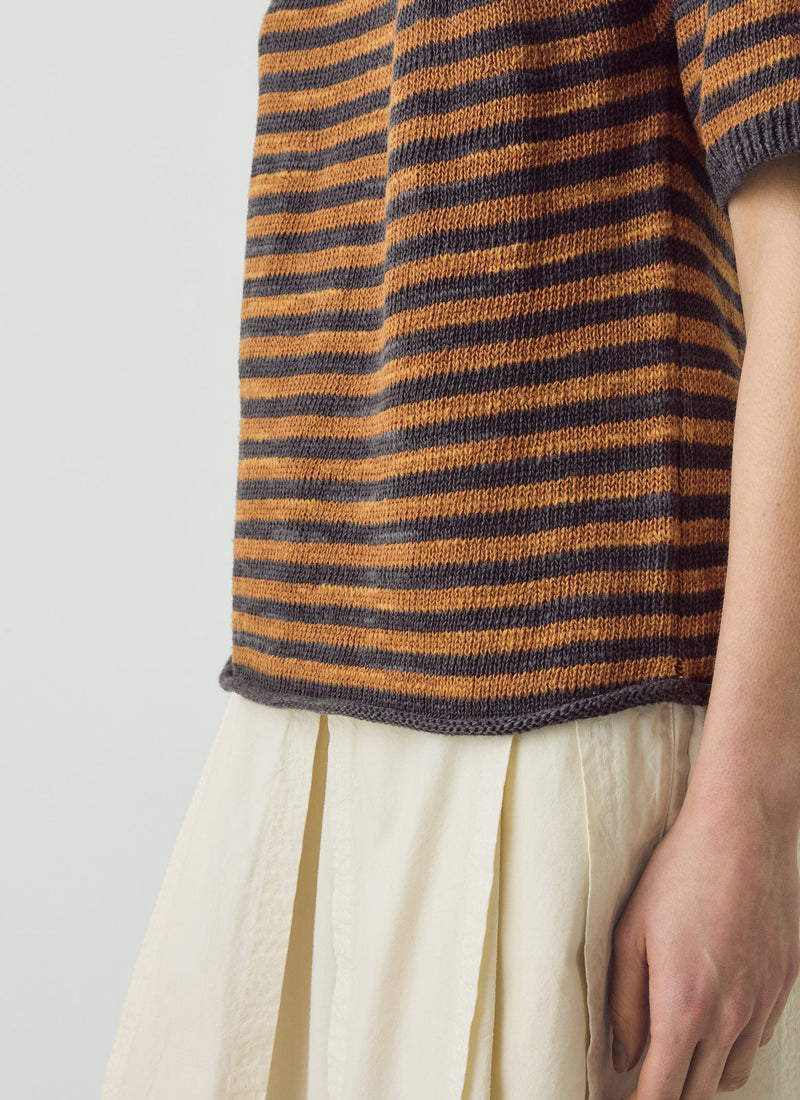Stripe Linen Cotton Knitted Tee | Graphite Blue/Copper