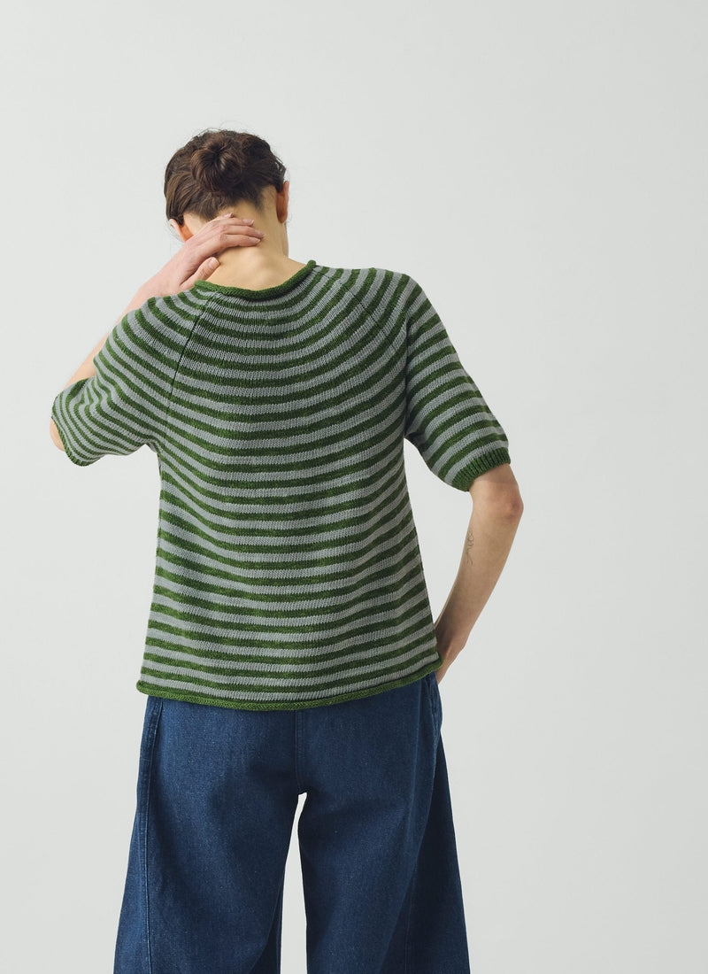 Stripe Linen Cotton Knitted Tee | Croft Green/Egg Shell