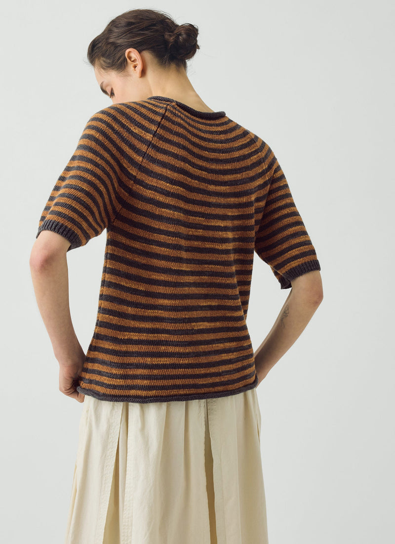 Stripe Linen Cotton Knitted Tee | Graphite Blue/Copper