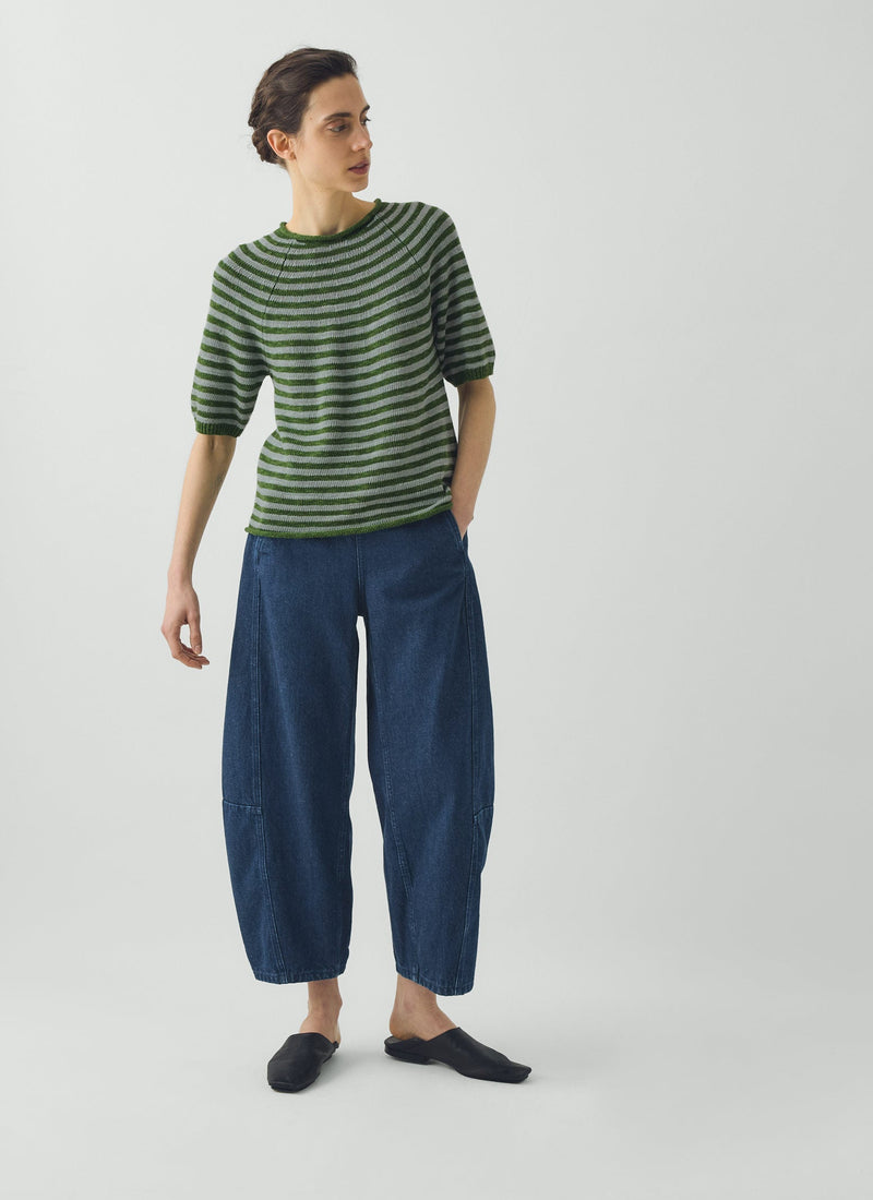 Stripe Linen Cotton Knitted Tee | Croft Green/Egg Shell