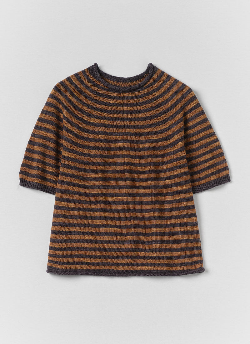Stripe Linen Cotton Knitted Tee | Graphite Blue/Copper