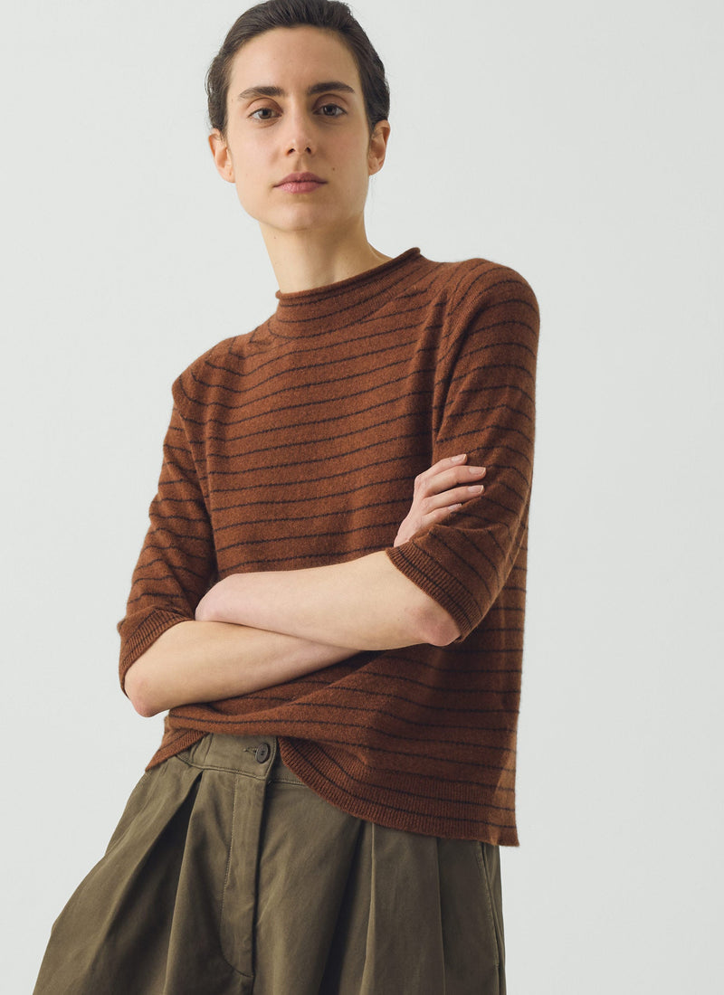 Fine Stripe Wool Cashmere Half Sleeve Sweater | Russet/Brown