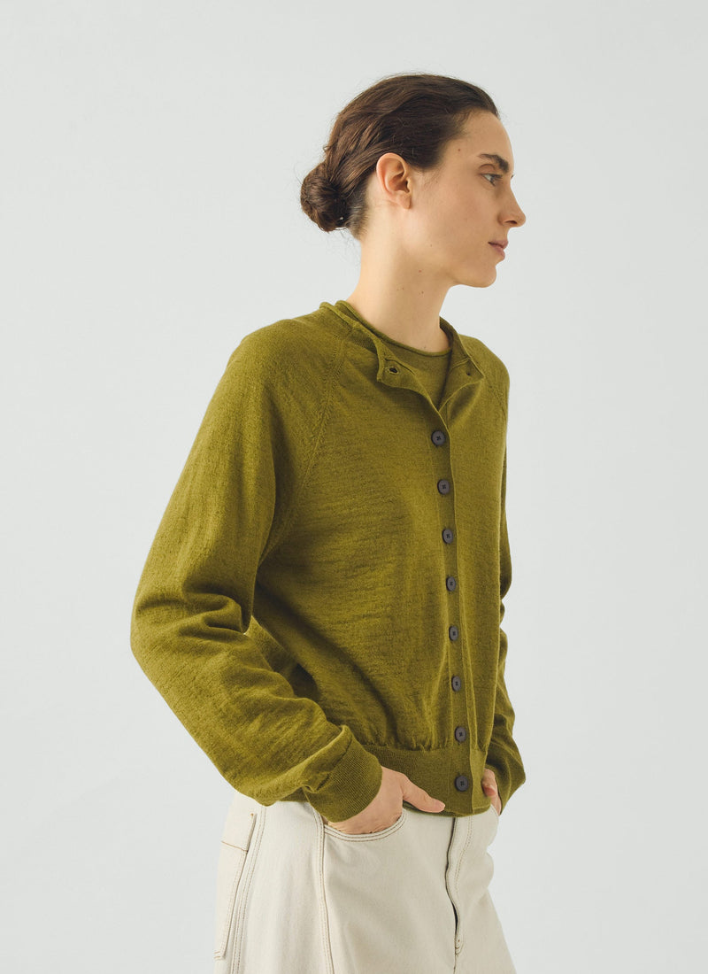 Fine Wool Cotton Cardigan | Bright Olive