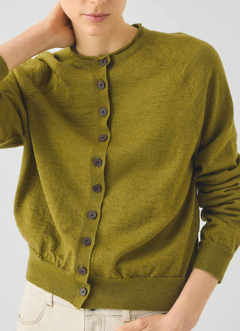 Fine Wool Cotton Cardigan | Bright Olive