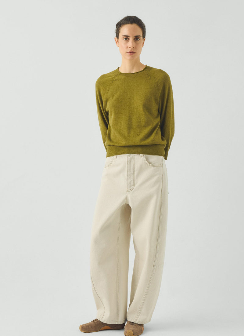 Fine Wool Cotton Half Sleeve Sweater | Bright Olive