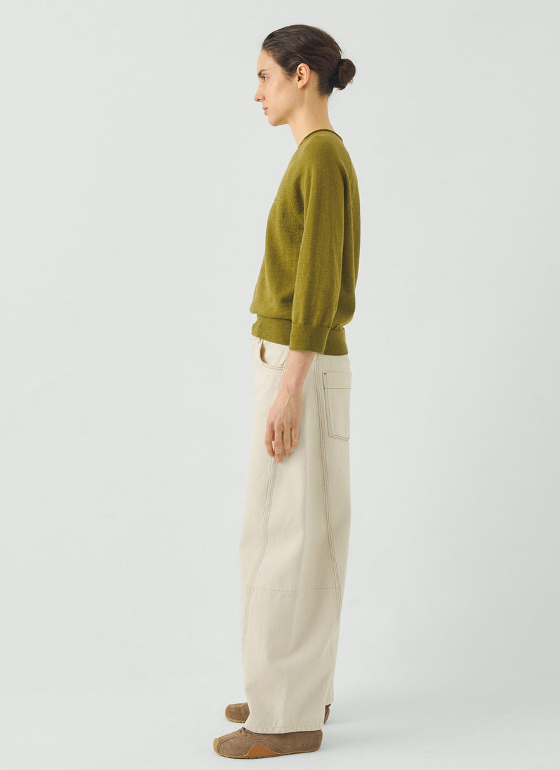 Fine Wool Cotton Half Sleeve Sweater | Bright Olive