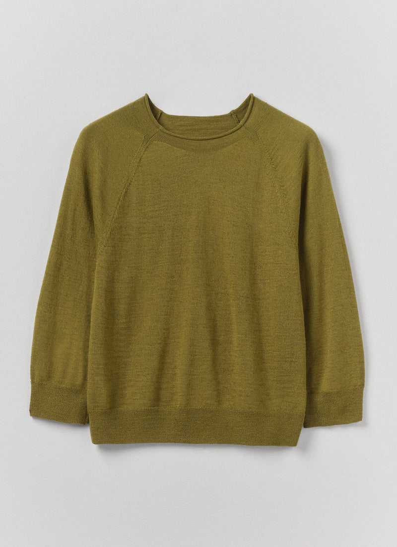 Fine Wool Cotton Half Sleeve Sweater | Bright Olive