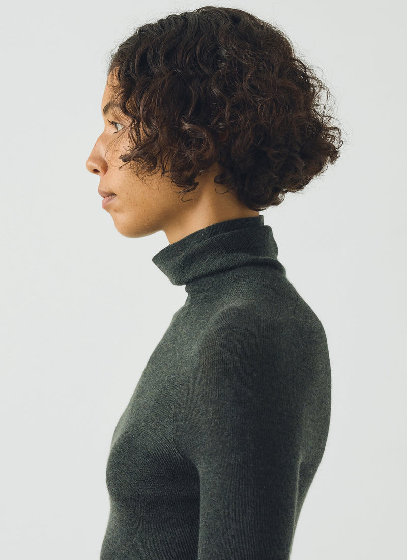 High Neck Wool Cashmere Fine Ribbed Sweater | Deep Forest