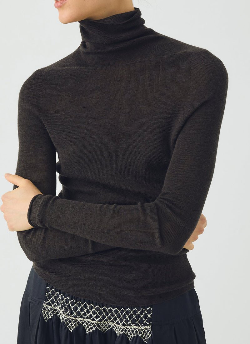 High Neck Wool Cashmere Fine Ribbed Sweater | Brown Umber
