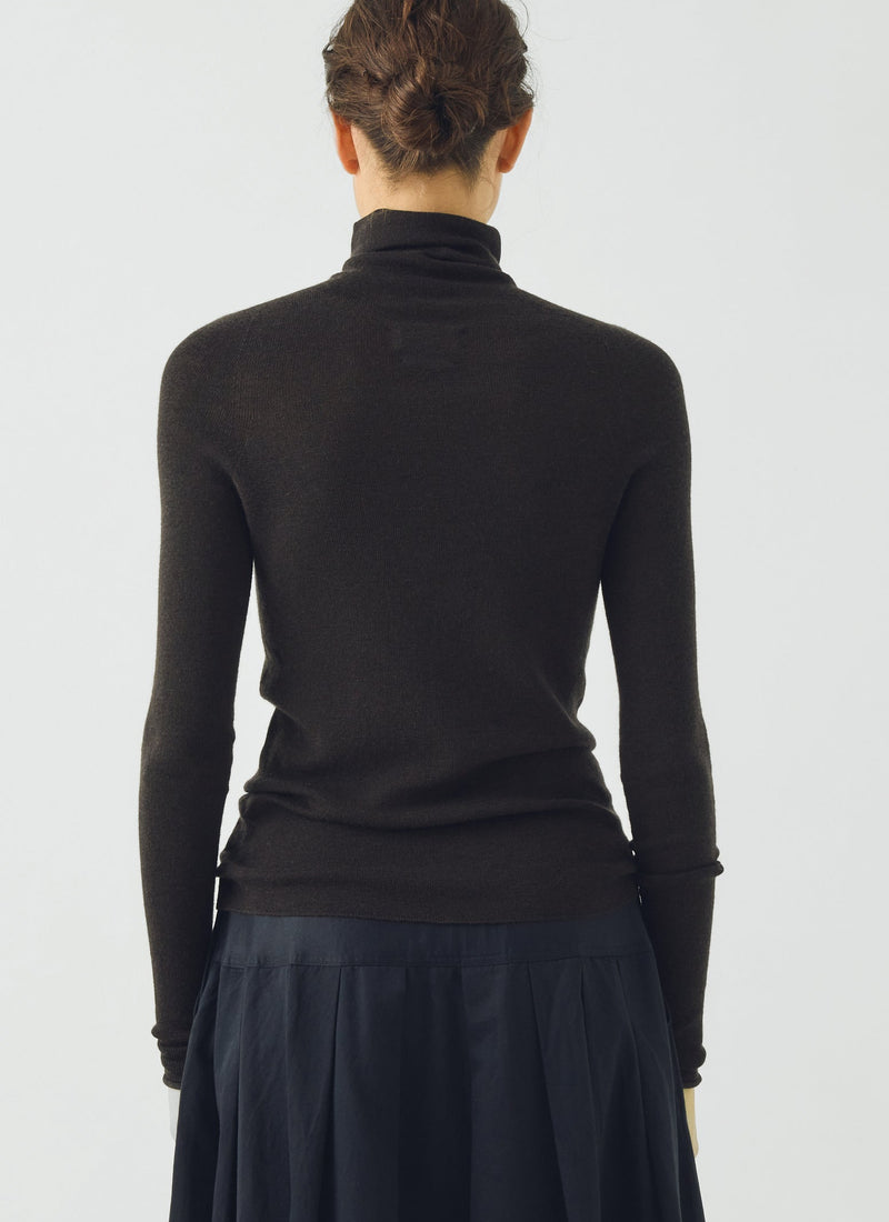 High Neck Wool Cashmere Fine Ribbed Sweater | Brown Umber