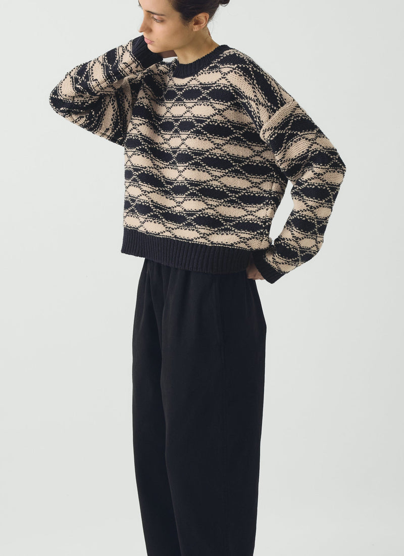 Jacquard Stripe Wool Sweater | Navy/Ecru