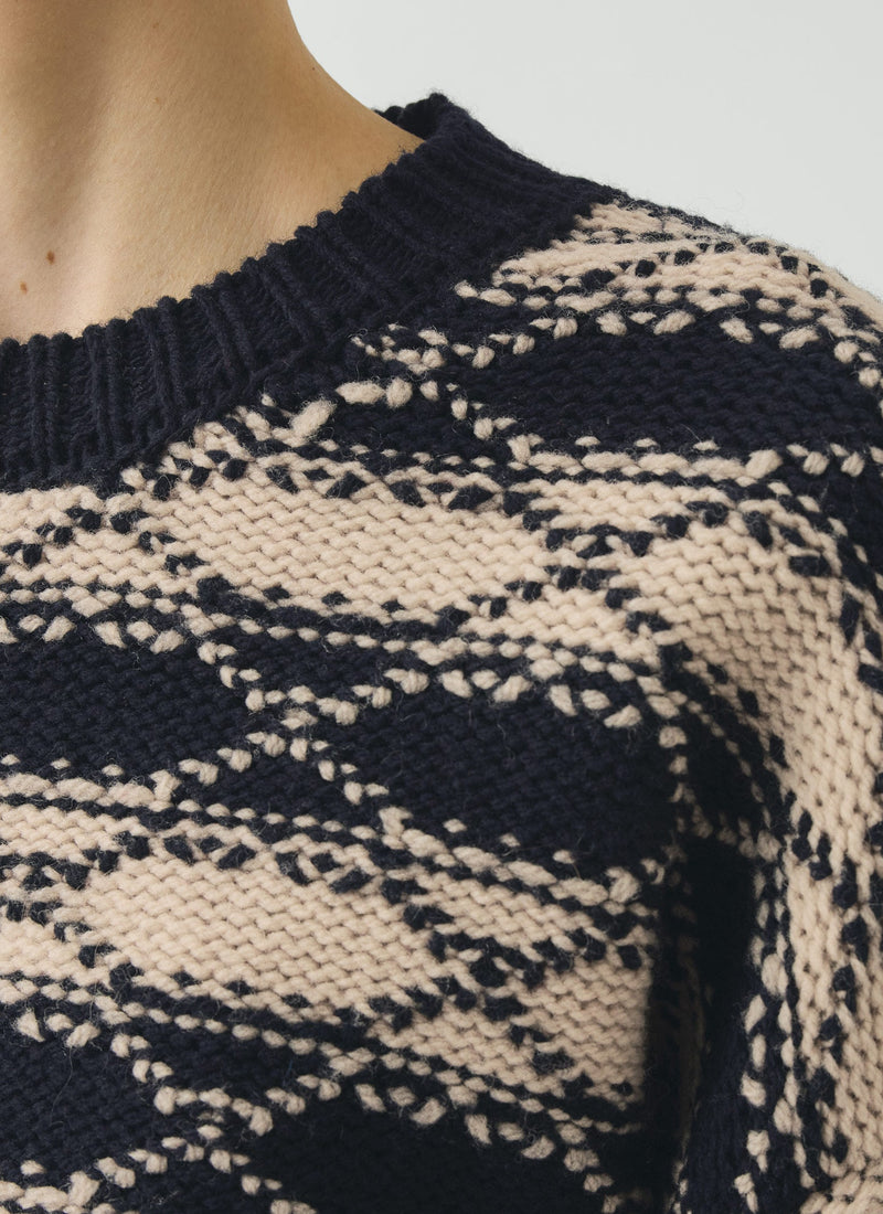Jacquard Stripe Wool Sweater | Navy/Ecru