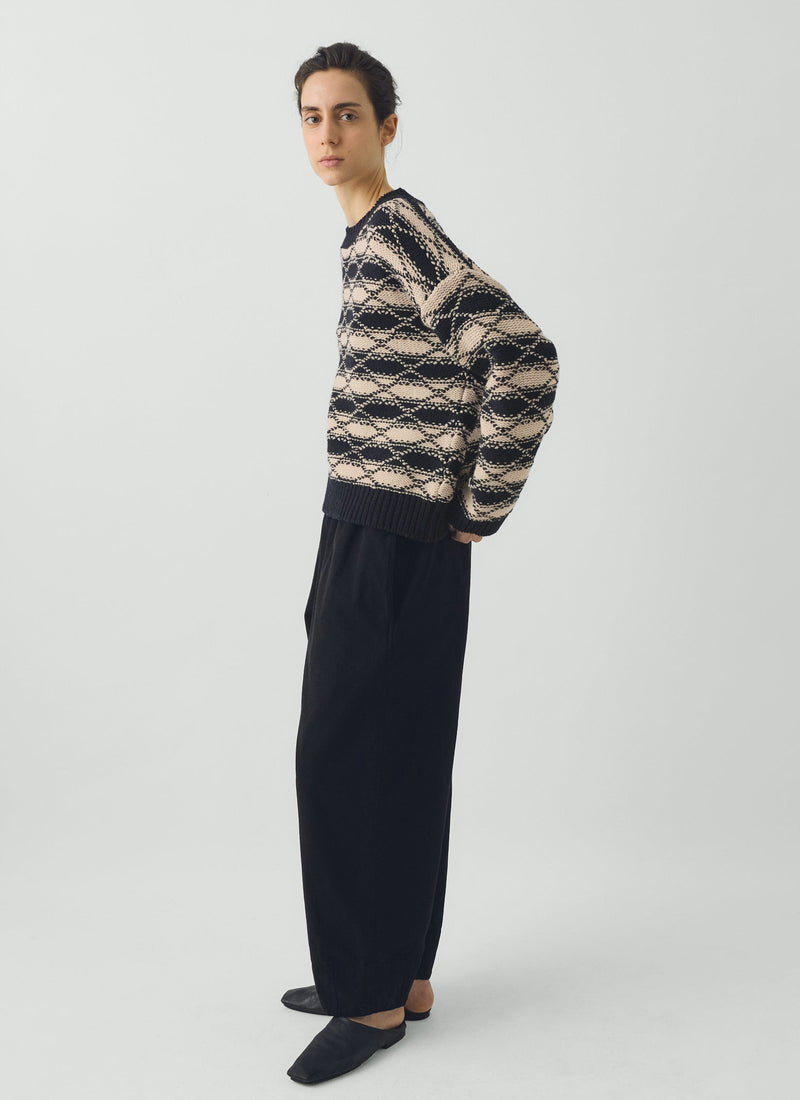 Jacquard Stripe Wool Sweater | Navy/Ecru