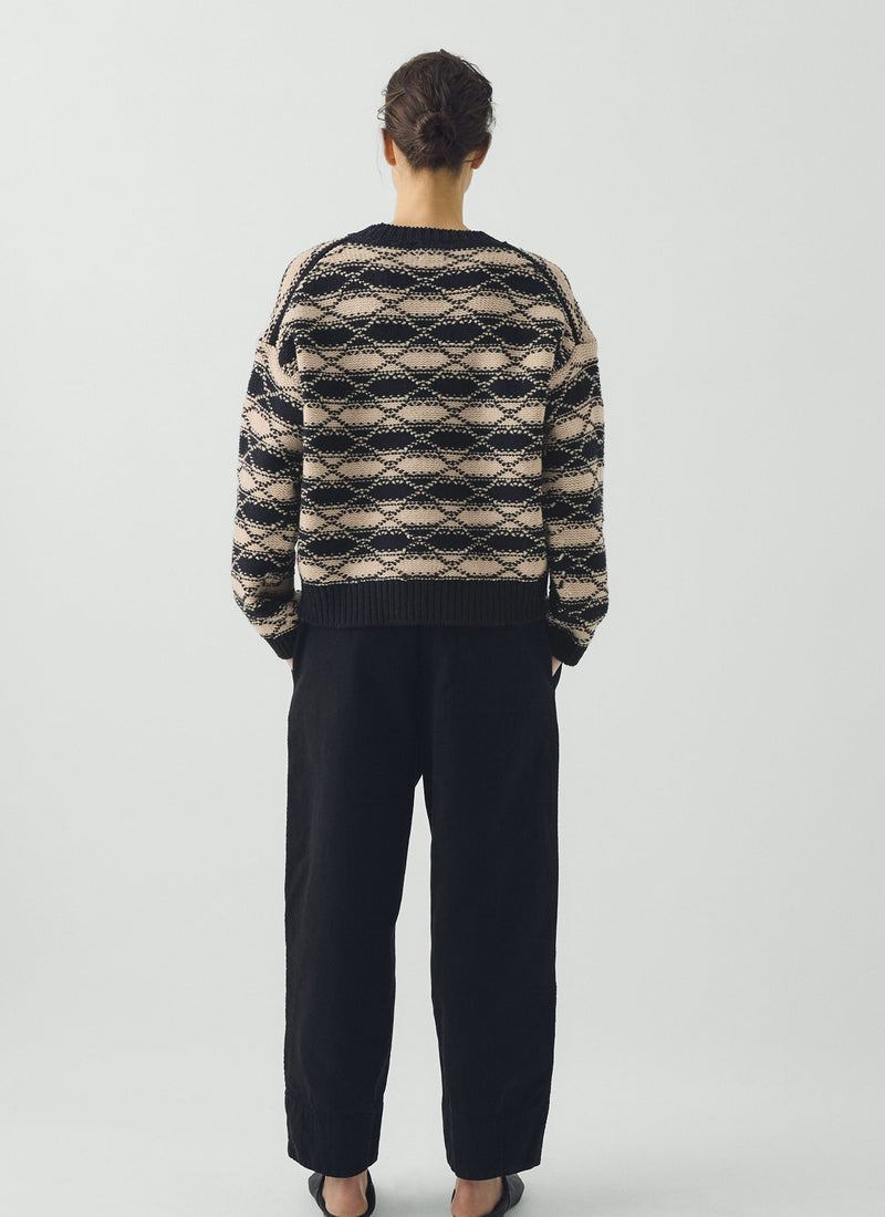 Jacquard Stripe Wool Sweater | Navy/Ecru