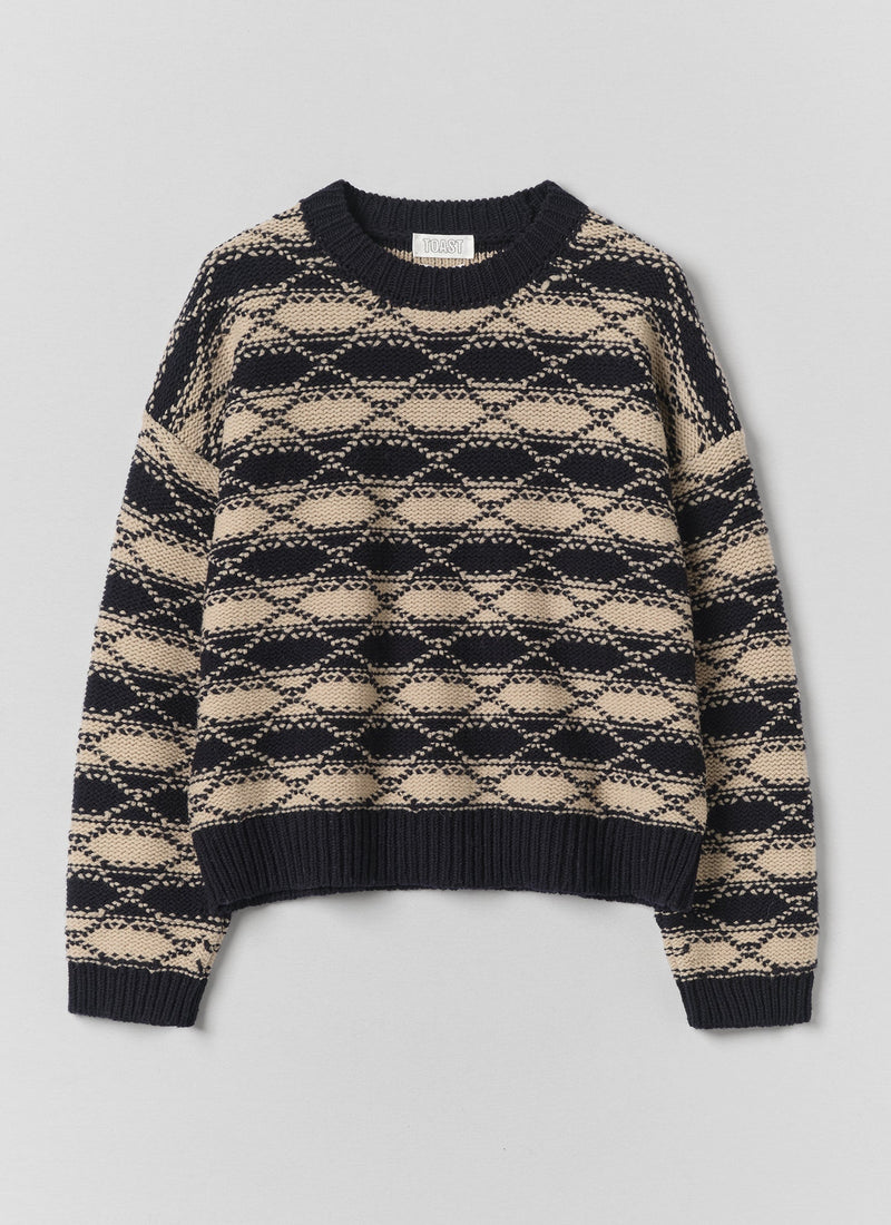 Jacquard Stripe Wool Sweater | Navy/Ecru