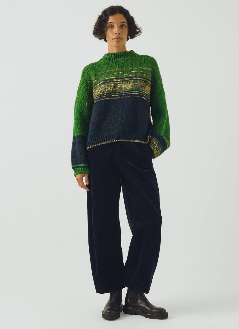Colour Block Hand Framed Wool Sweater | Green Multi