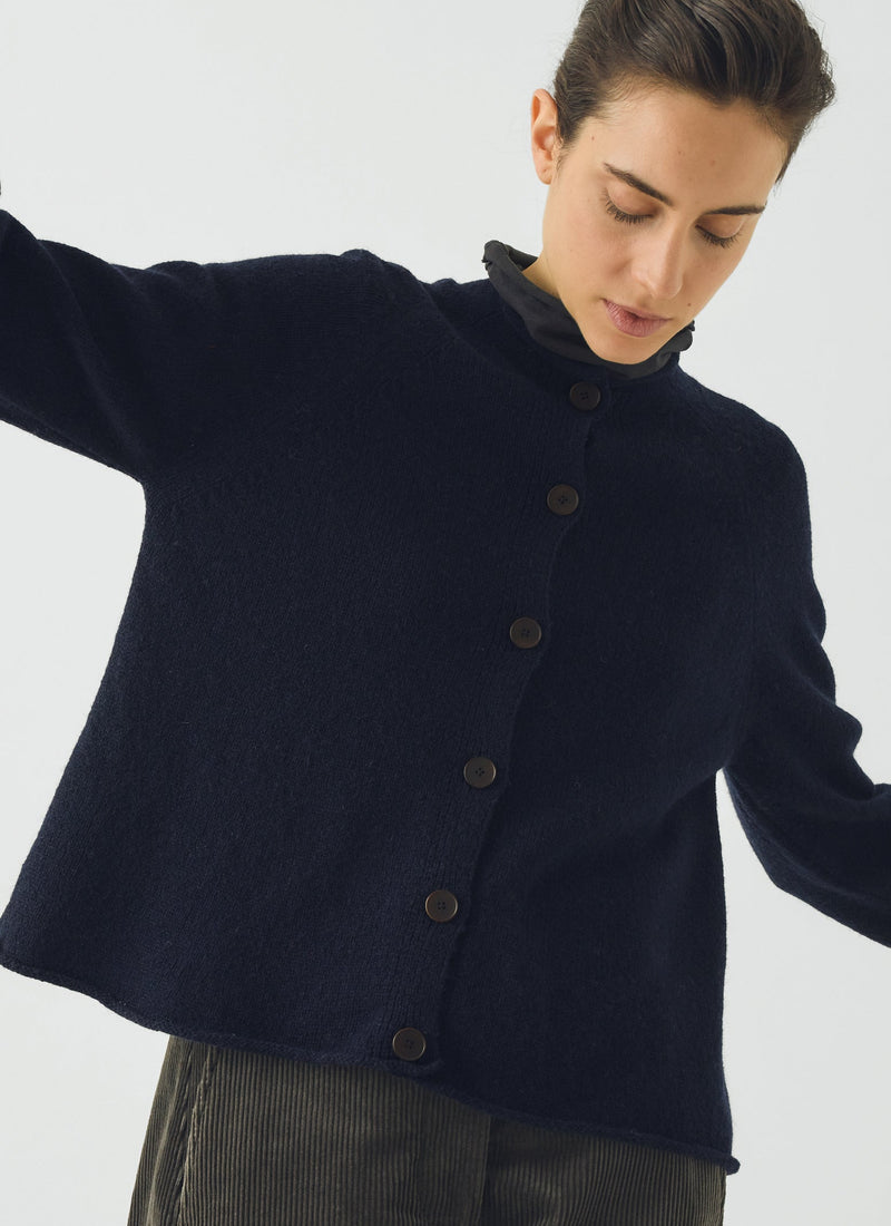 Heathery Wool High Neck Cardigan | Darkest Navy