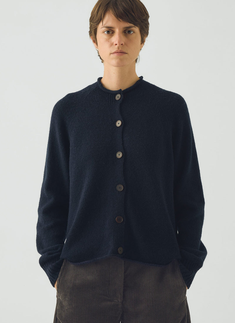 Heathery Wool High Neck Cardigan | Darkest Navy