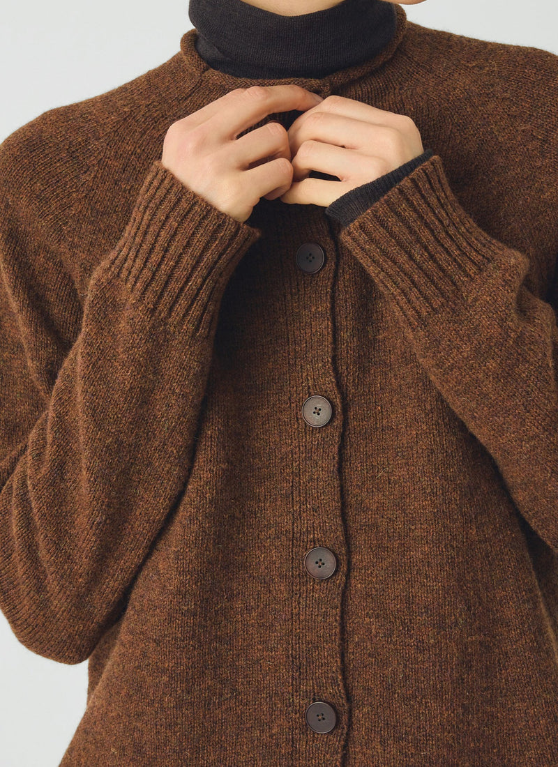 Heathery Wool High Neck Cardigan | Tobacco