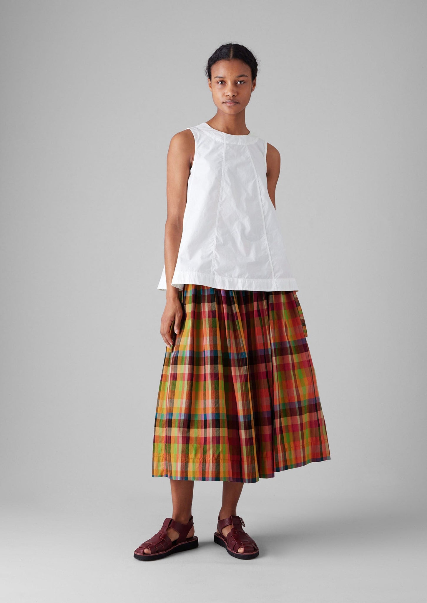 Pleated Check Cotton Skirt | Bright/Multi