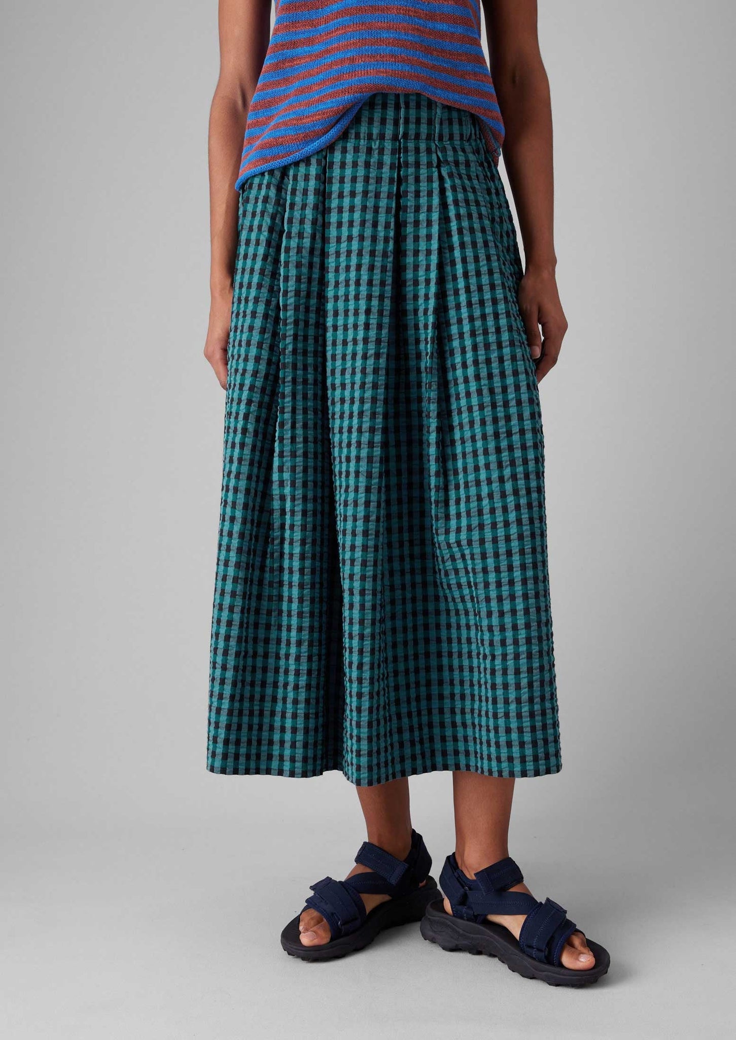 Seersucker Gingham Cotton Skirt | Teal Multi