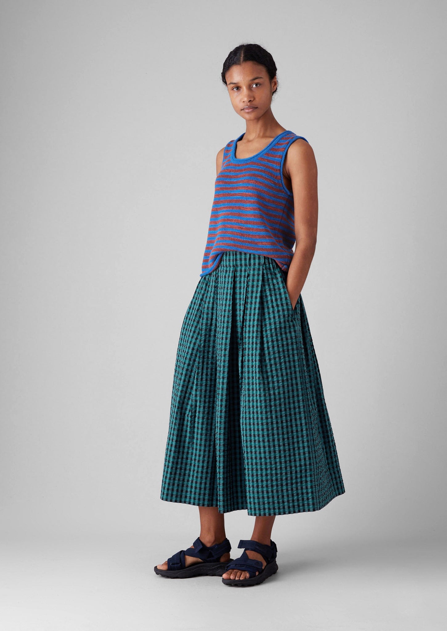 Seersucker Gingham Cotton Skirt | Teal Multi