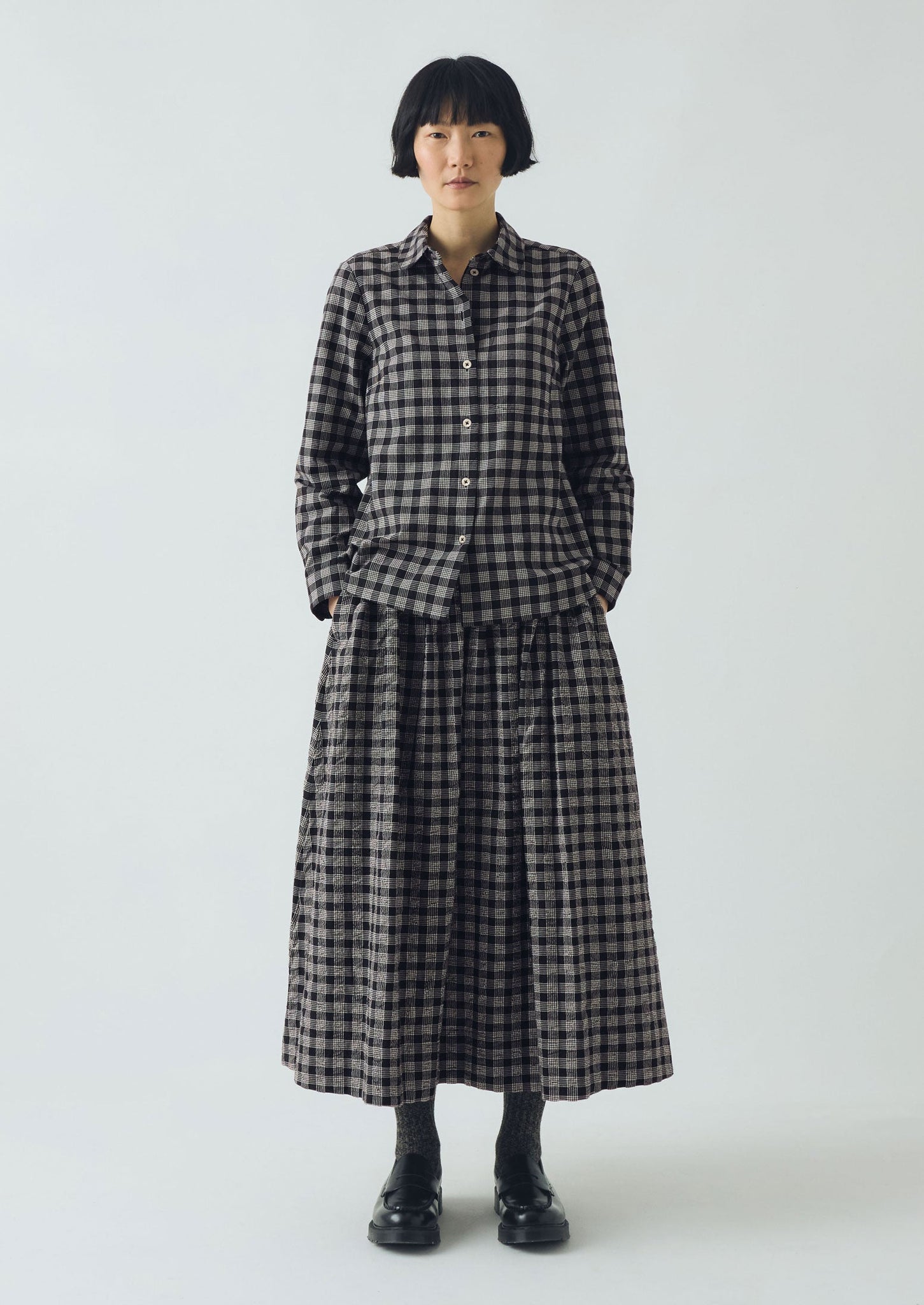 Binding Check Cotton Wool Seersucker Skirt | Black/Ecru
