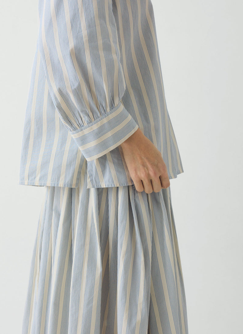 Pleated Stripe Cotton Skirt | Ecru/Blue