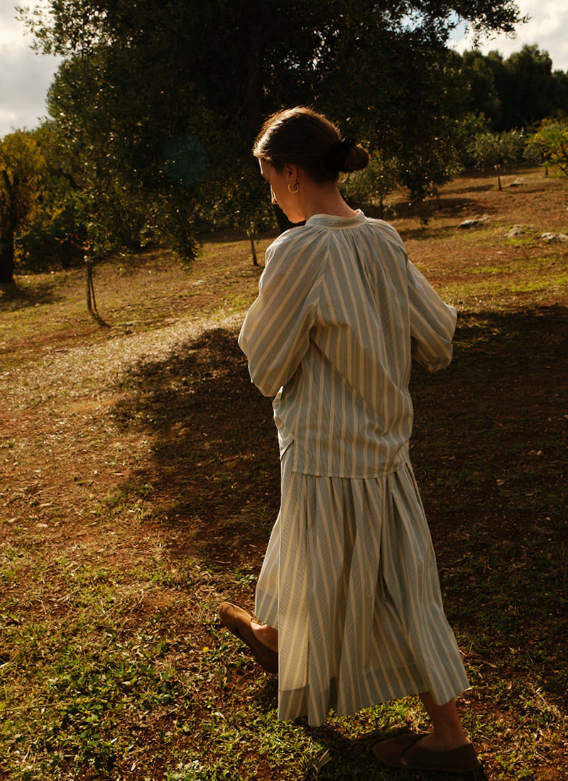 Pleated Stripe Cotton Skirt | Ecru/Blue
