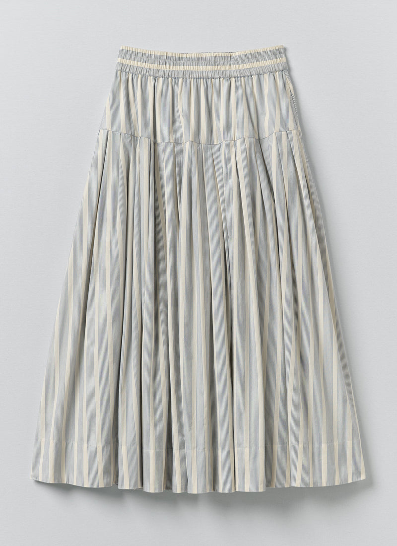 Pleated Stripe Cotton Skirt | Ecru/Blue