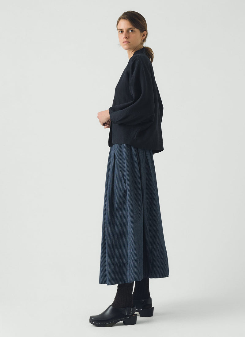 Railroad Stripe Pleated Cotton Skirt | Denim Blue