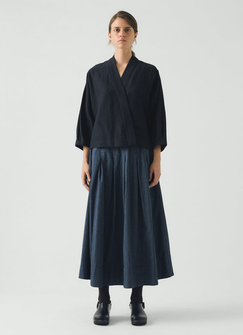 Railroad Stripe Pleated Cotton Skirt | Denim Blue