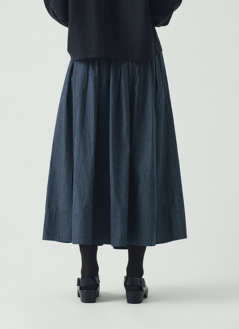 Railroad Stripe Pleated Cotton Skirt | Denim Blue