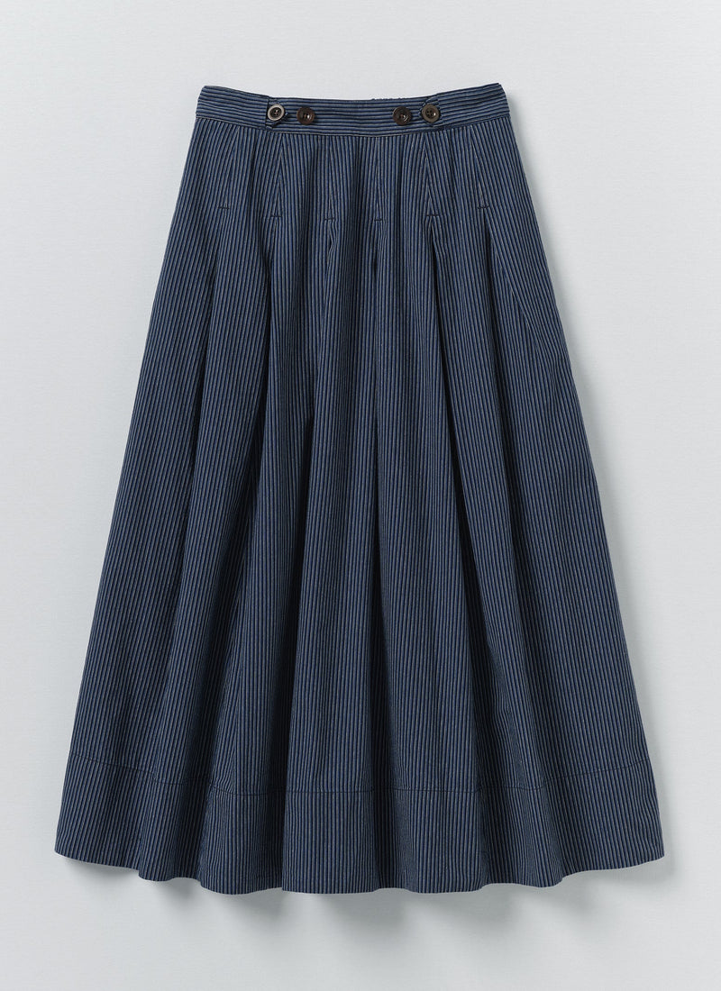 Railroad Stripe Pleated Cotton Skirt | Denim Blue