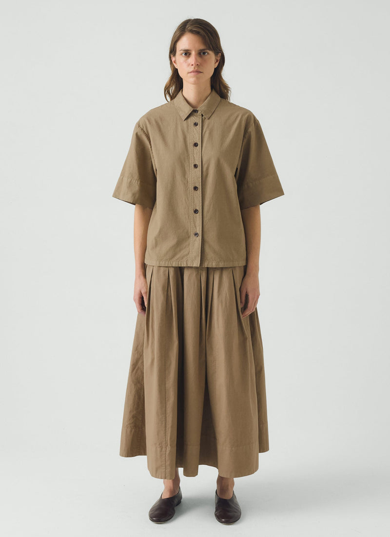 Pleated Cotton Linen Poplin Skirt | Ash Brown
